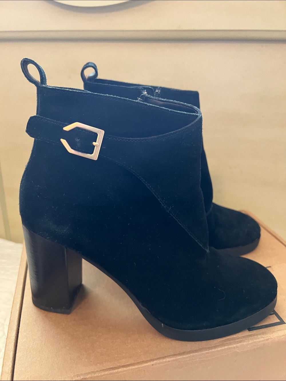 Cole HAAN Black Suede Ankle Booties with Buckle Accent